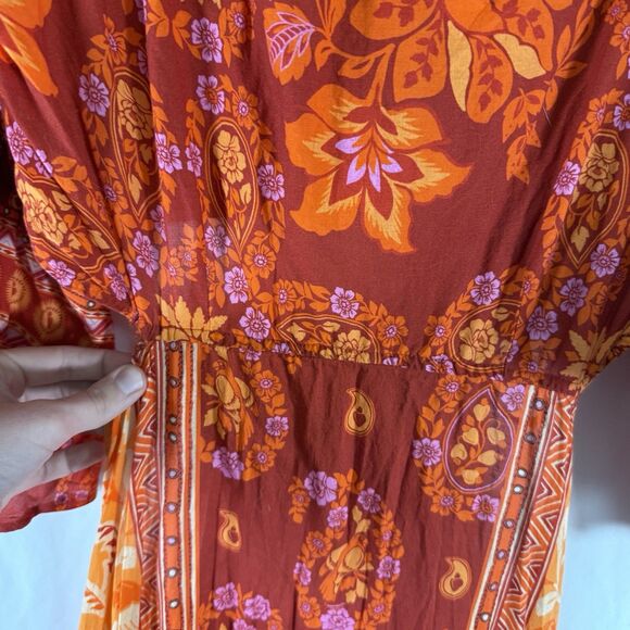 Farm Rio Anthropologie Dress Women's Medium Orange Red Floral Open Back Tie - Picture 7 of 16